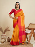 Mustard colored Khadi raw silk saree with temple woven border detail