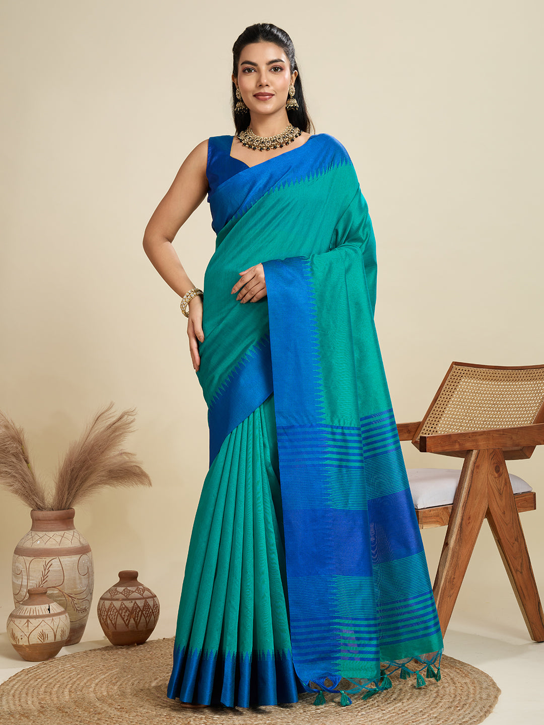 Jyoti Fashion Women's Rama Khadi Raw Silk Temple Woven Border Designer Saree with Blouse