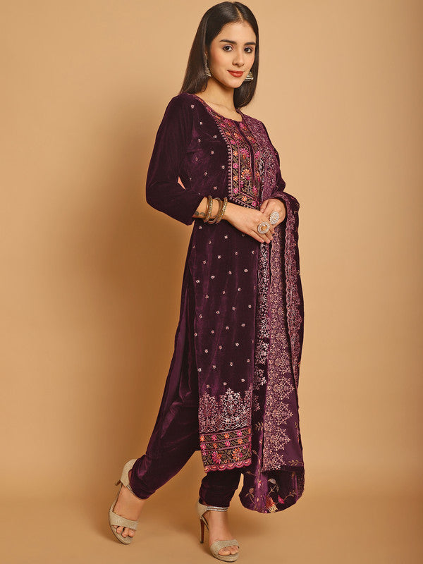 Women's Wine Velvet Floral Resham Thread & Sequin Straight Suit Set