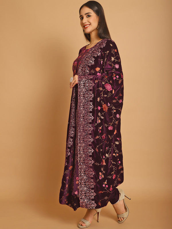 Women's Wine Velvet Floral Resham Thread & Sequin Straight Suit Set