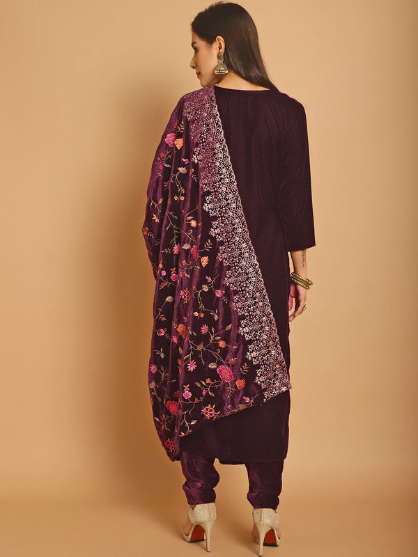 Women's Wine Velvet Floral Resham Thread & Sequin Straight Suit Set