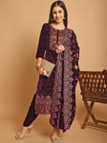 Woman wearing a wine velvet straight suit set with floral Resham embroidery, Jari, and sequin work