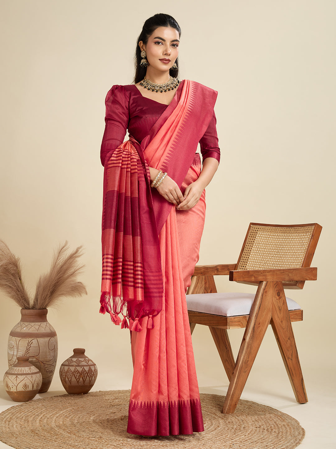 Peach Khadi Raw Silk Saree with Traditional Temple Woven Border