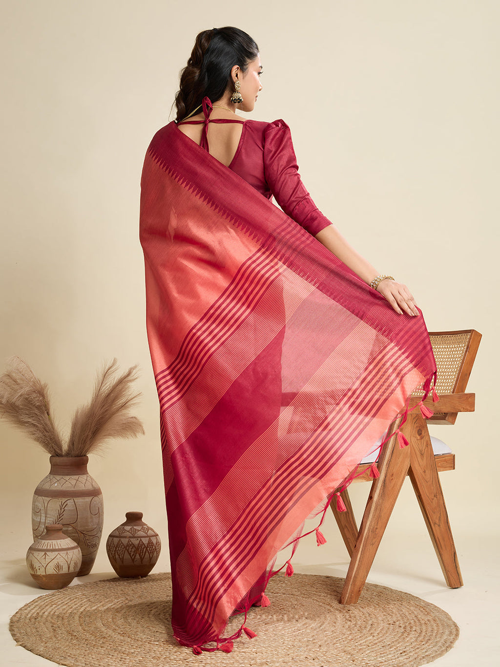 Peach Khadi Raw Silk Saree with Traditional Temple Woven Border