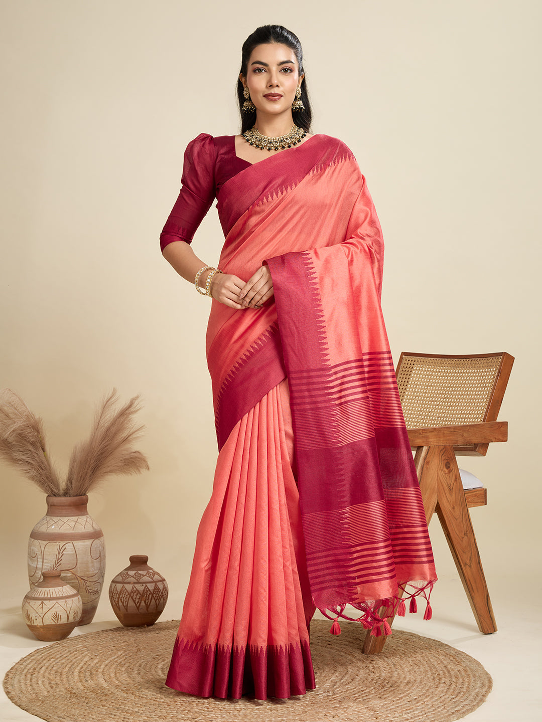 Peach Khadi raw silk saree with gold temple woven border and matching blouse