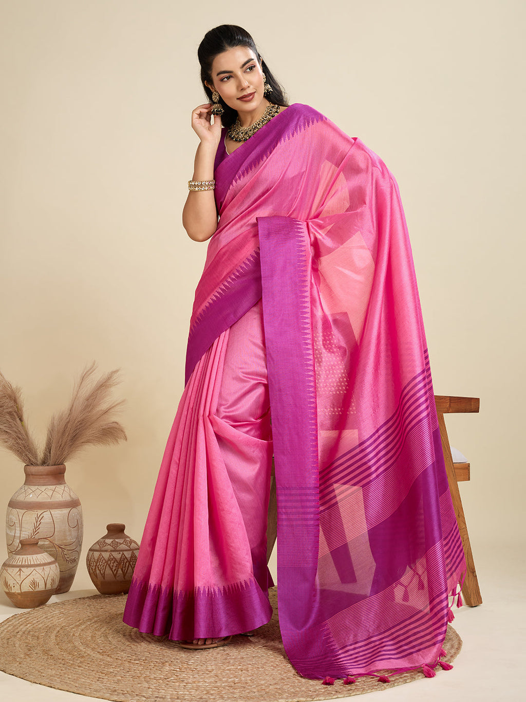 Women's Pink Khadi Raw Silk Saree with Temple Woven Border