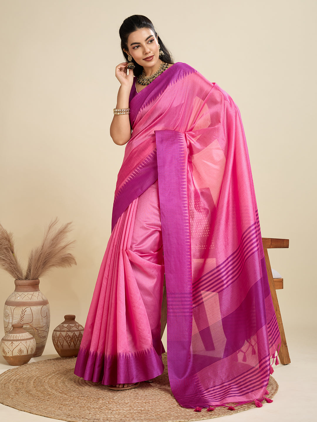 Women's Pink Khadi Raw Silk Saree with Temple Woven Border