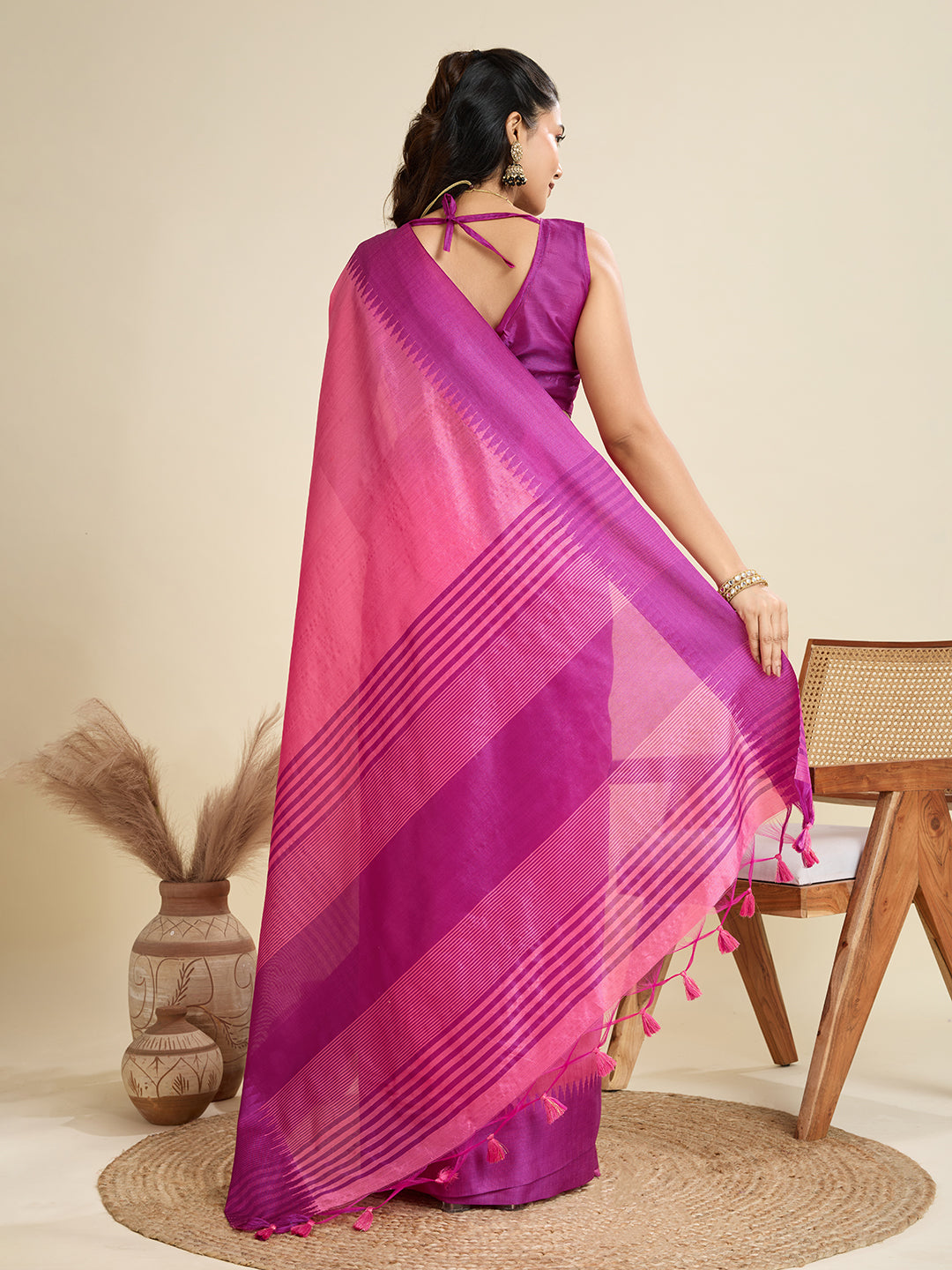 Women's Pink Khadi Raw Silk Saree with Temple Woven Border