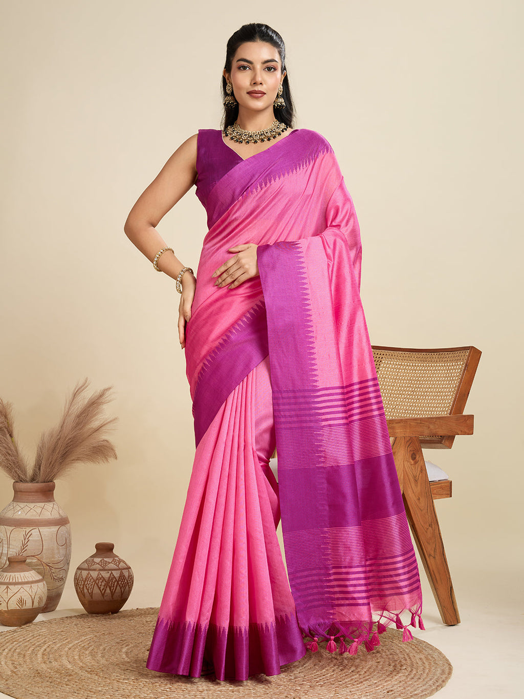 Pink Khadi Raw Silk saree with intricate temple woven border and matching blouse