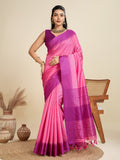 Pink Khadi Raw Silk saree with intricate temple woven border and matching blouse