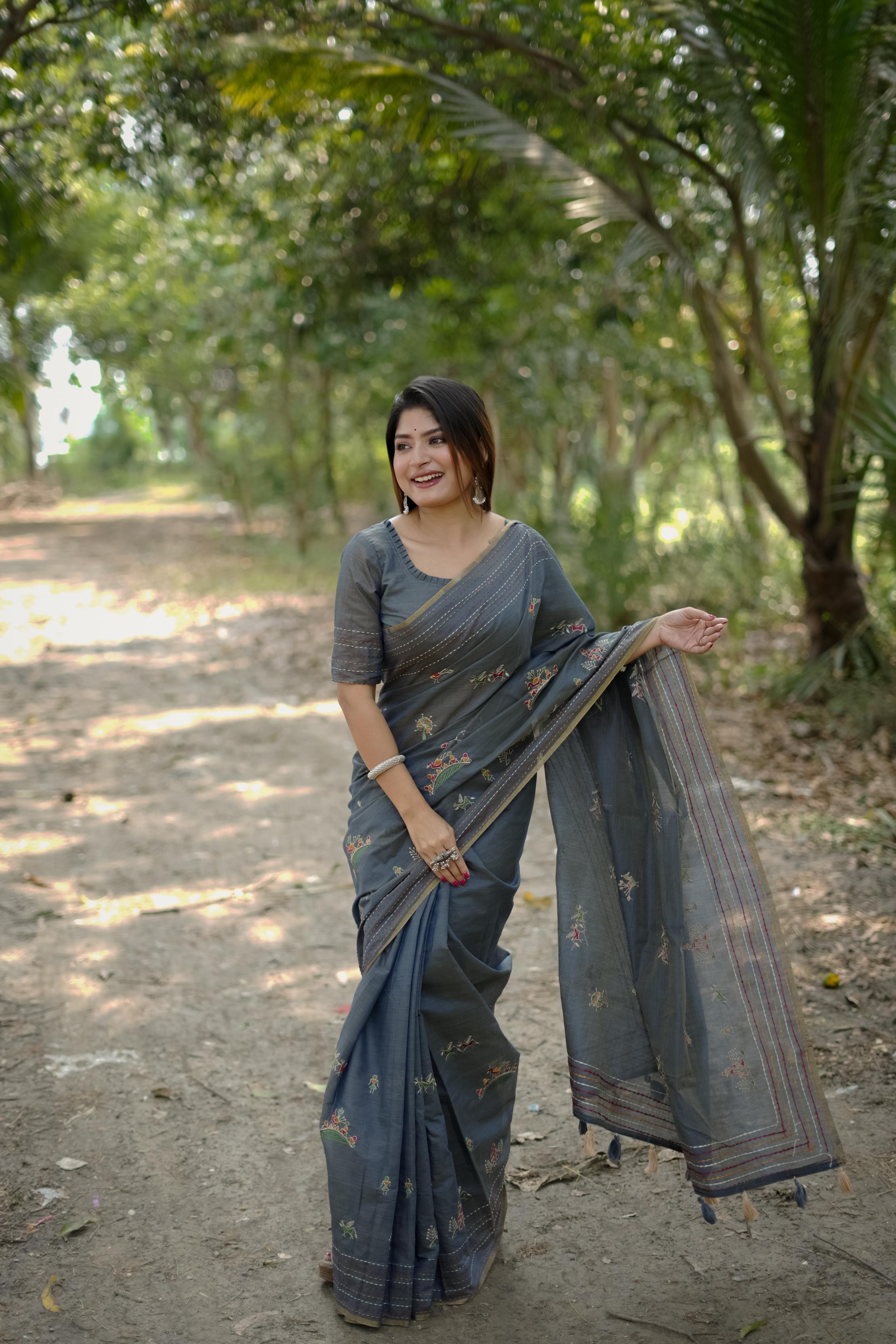 Jyoti Fashion Women's Grey Tussar Silk Traditional Thread Work Designer Saree with Blouse