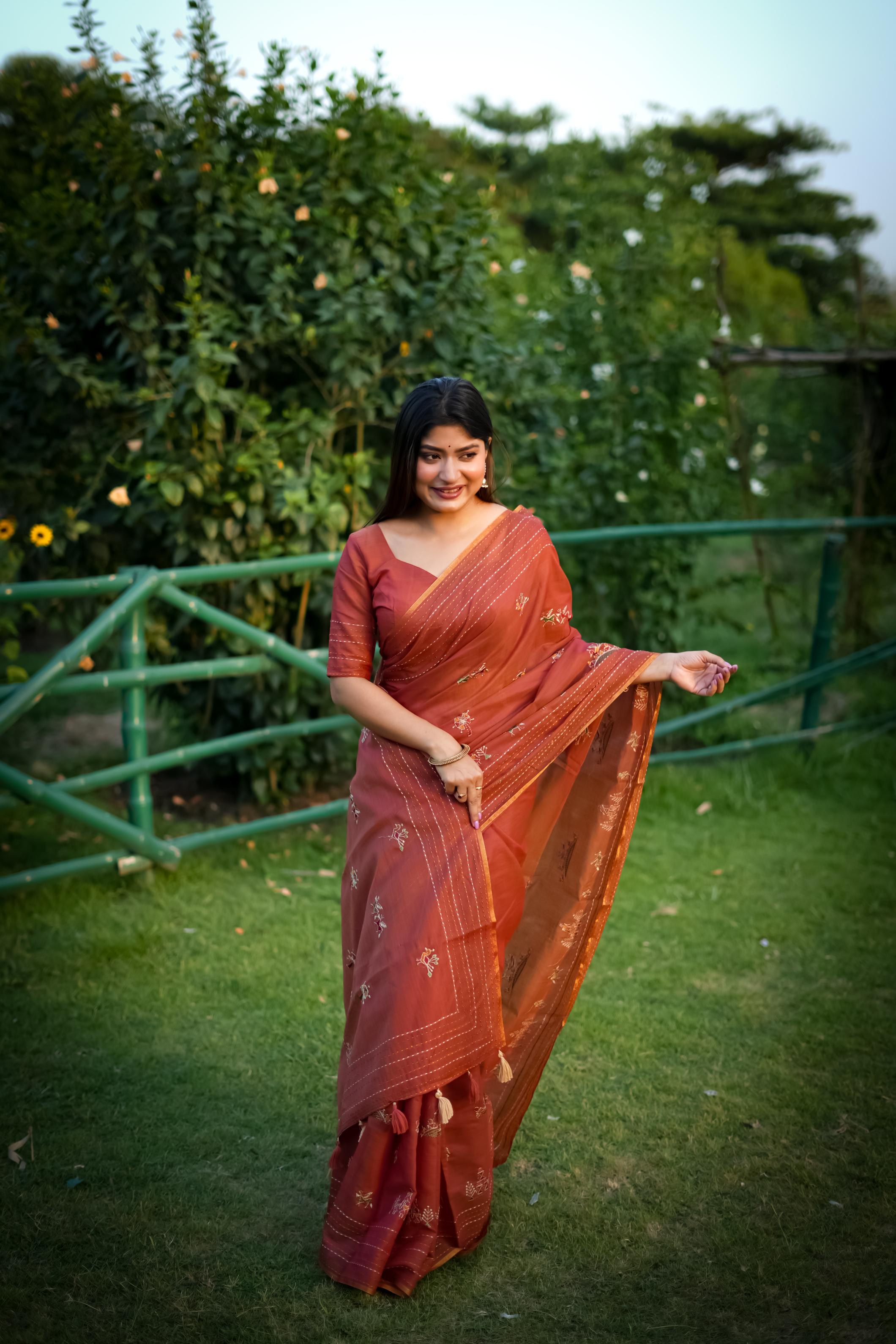 Orange Tussar Silk Saree with Traditional Thread Work
