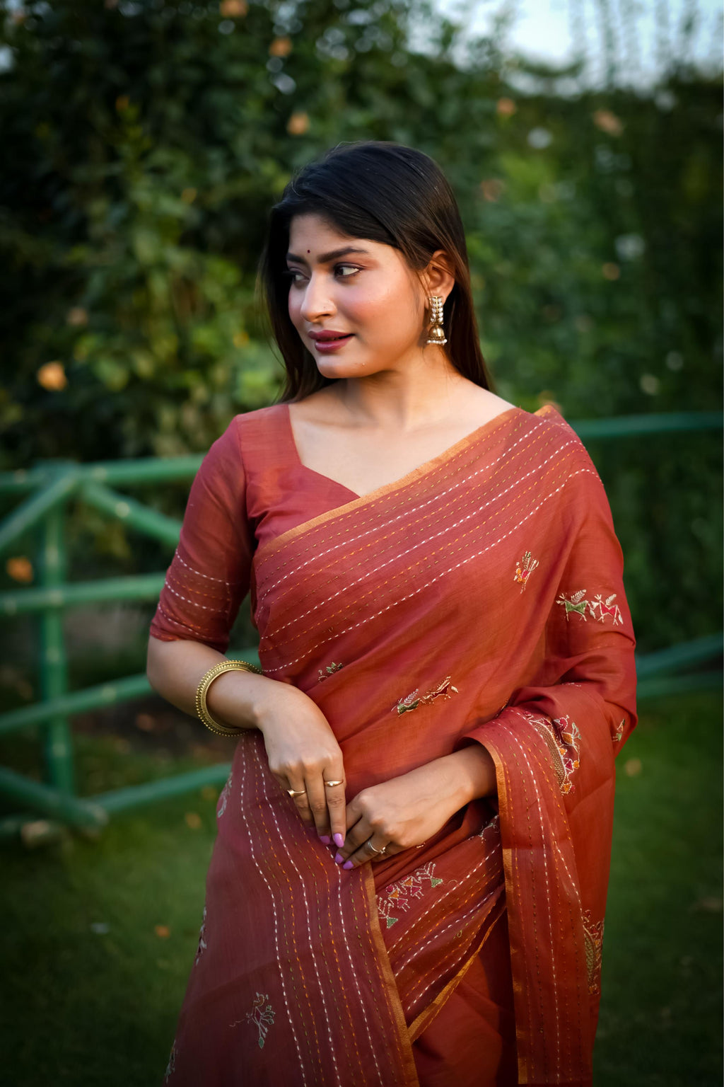 Orange Tussar Silk Saree with Traditional Thread Work