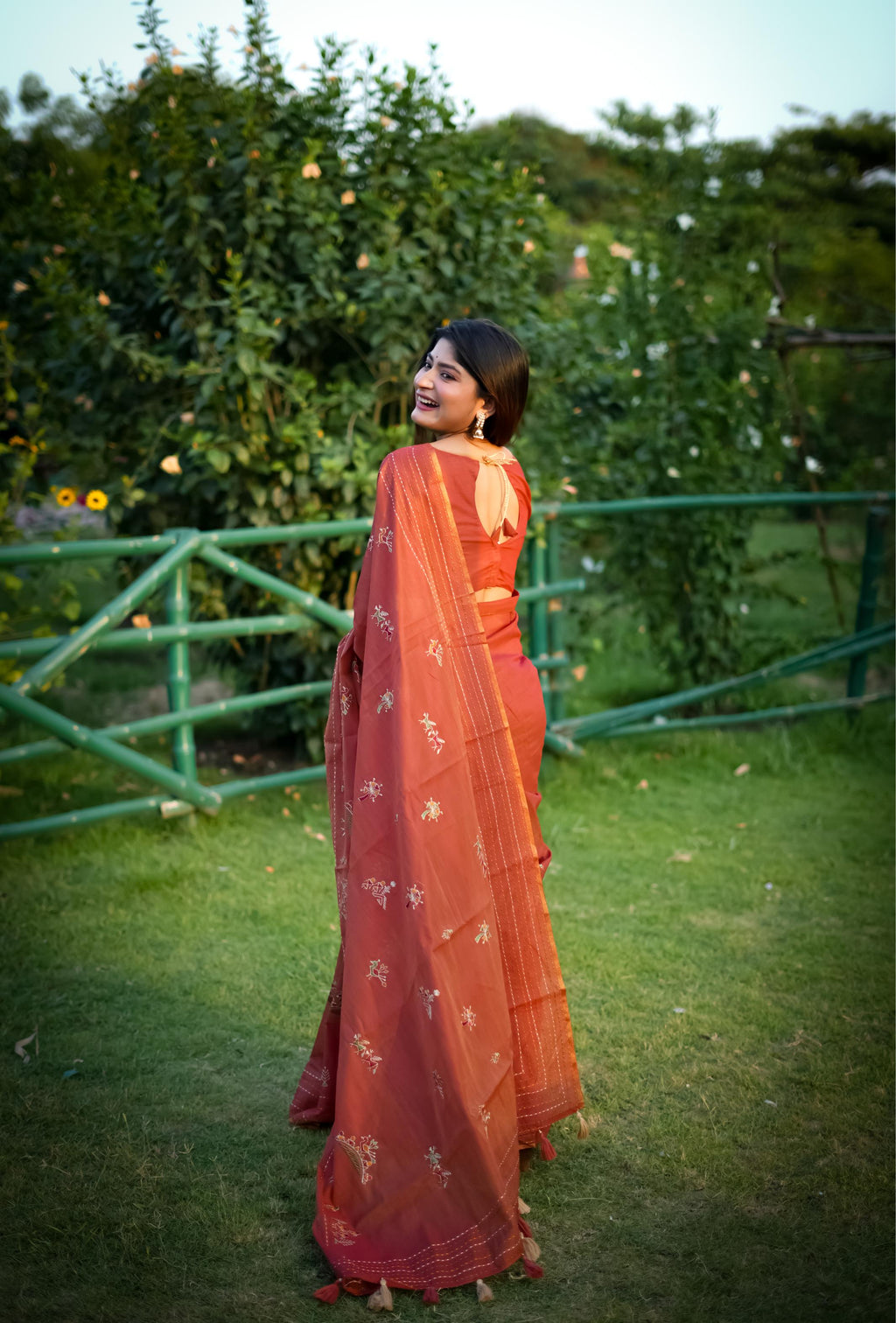 Orange Tussar Silk Saree with Traditional Thread Work