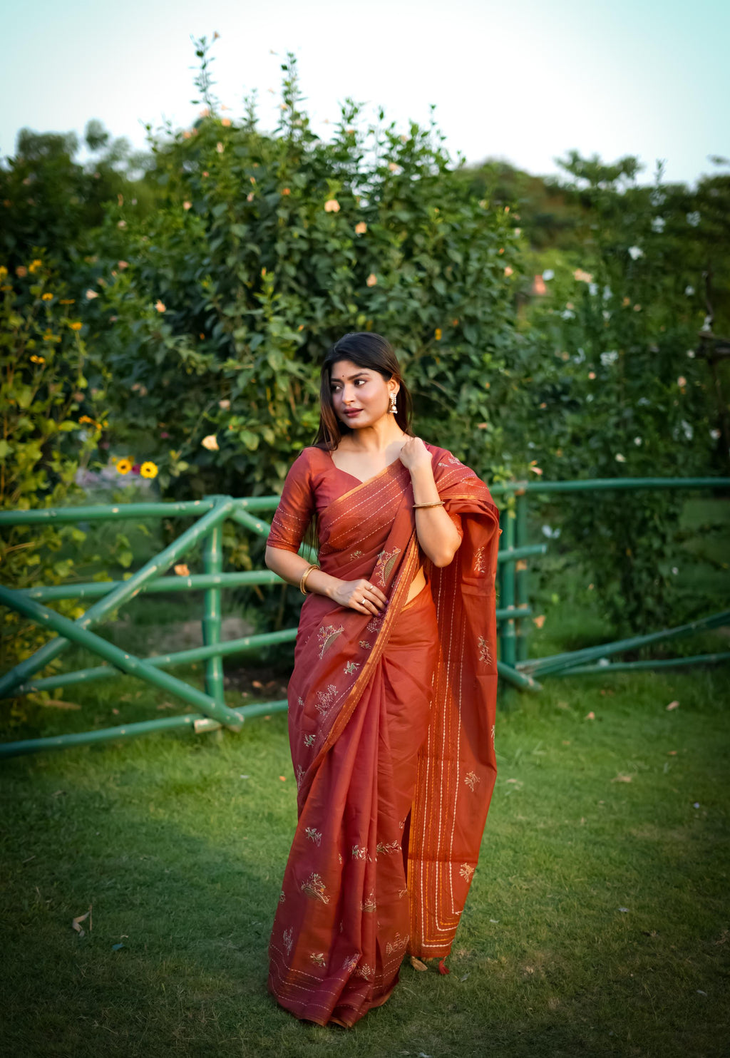 Orange Khadi Tussar silk designer saree with intricate traditional thread work