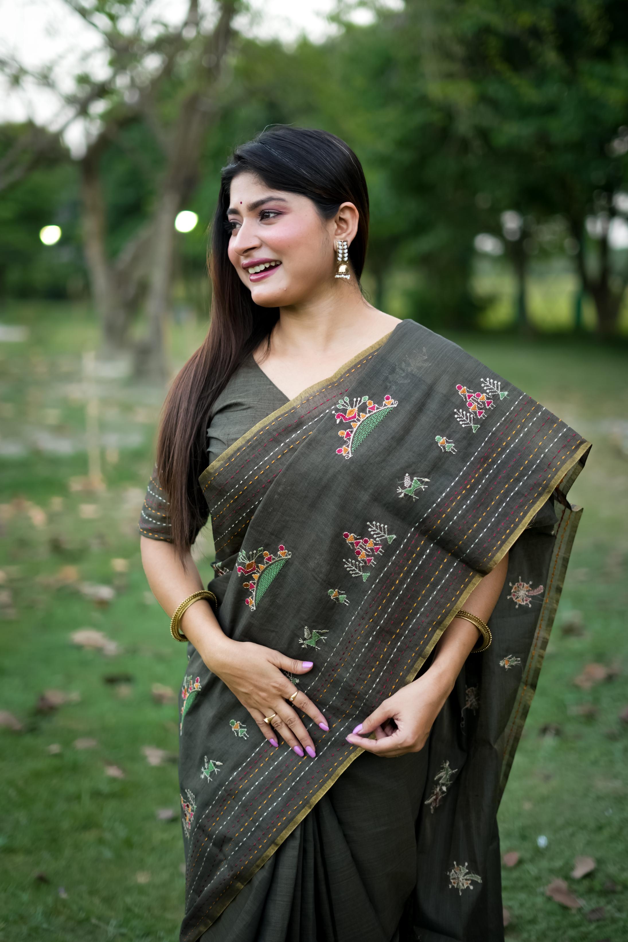 Black Tussar Silk Saree with Traditional Thread Work
