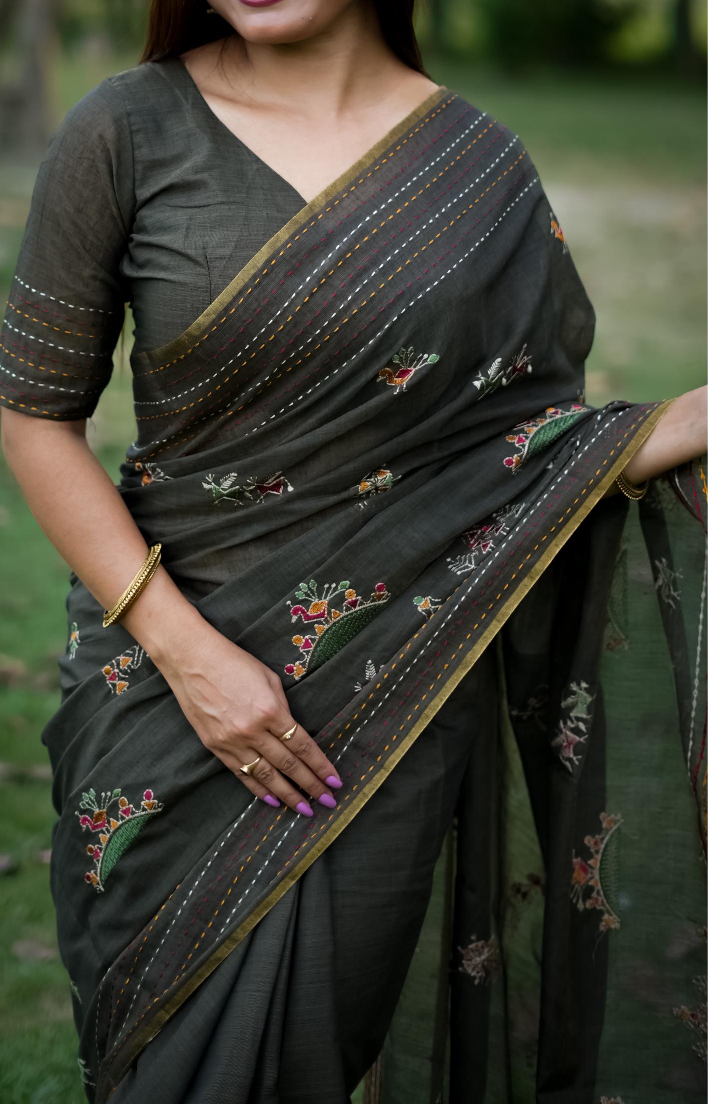 Black Tussar Silk Saree with Traditional Thread Work