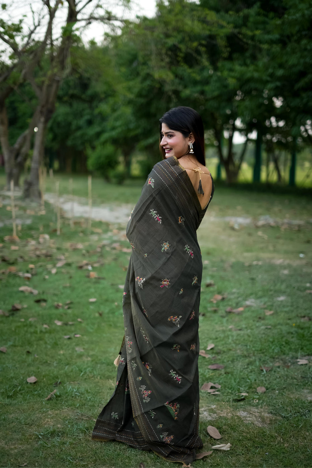 Black Tussar Silk Saree with Traditional Thread Work