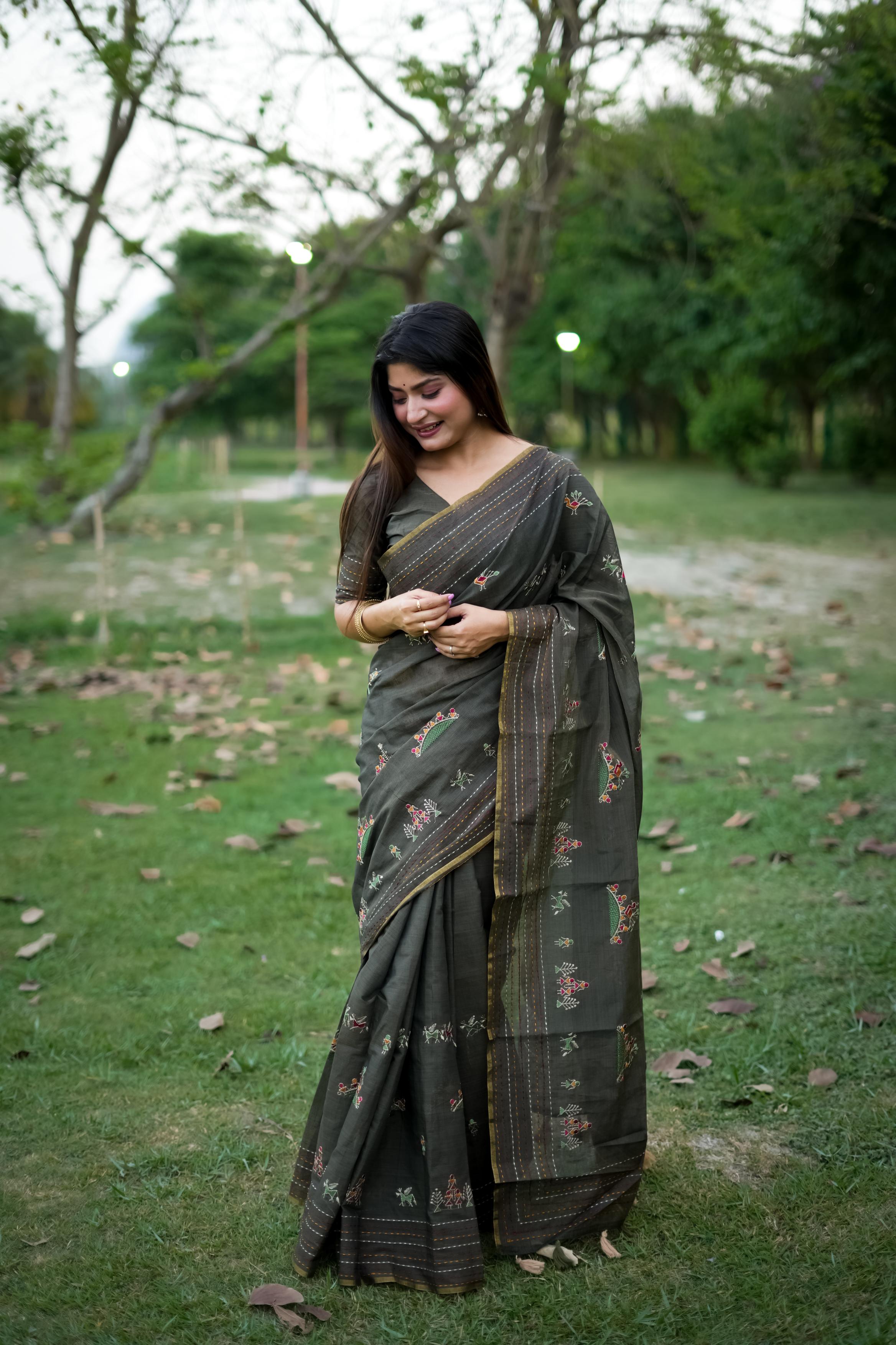 Black Khadi Tussar silk designer saree with traditional thread work