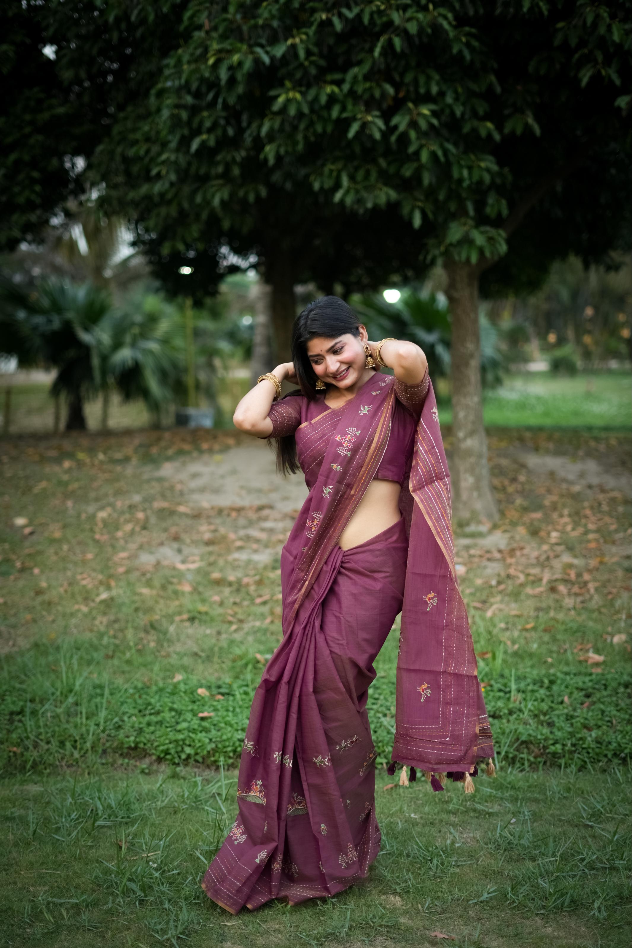 Jyoti Fashion Women's Wine Tussar Silk Traditional Thread Work Designer Saree with Blouse
