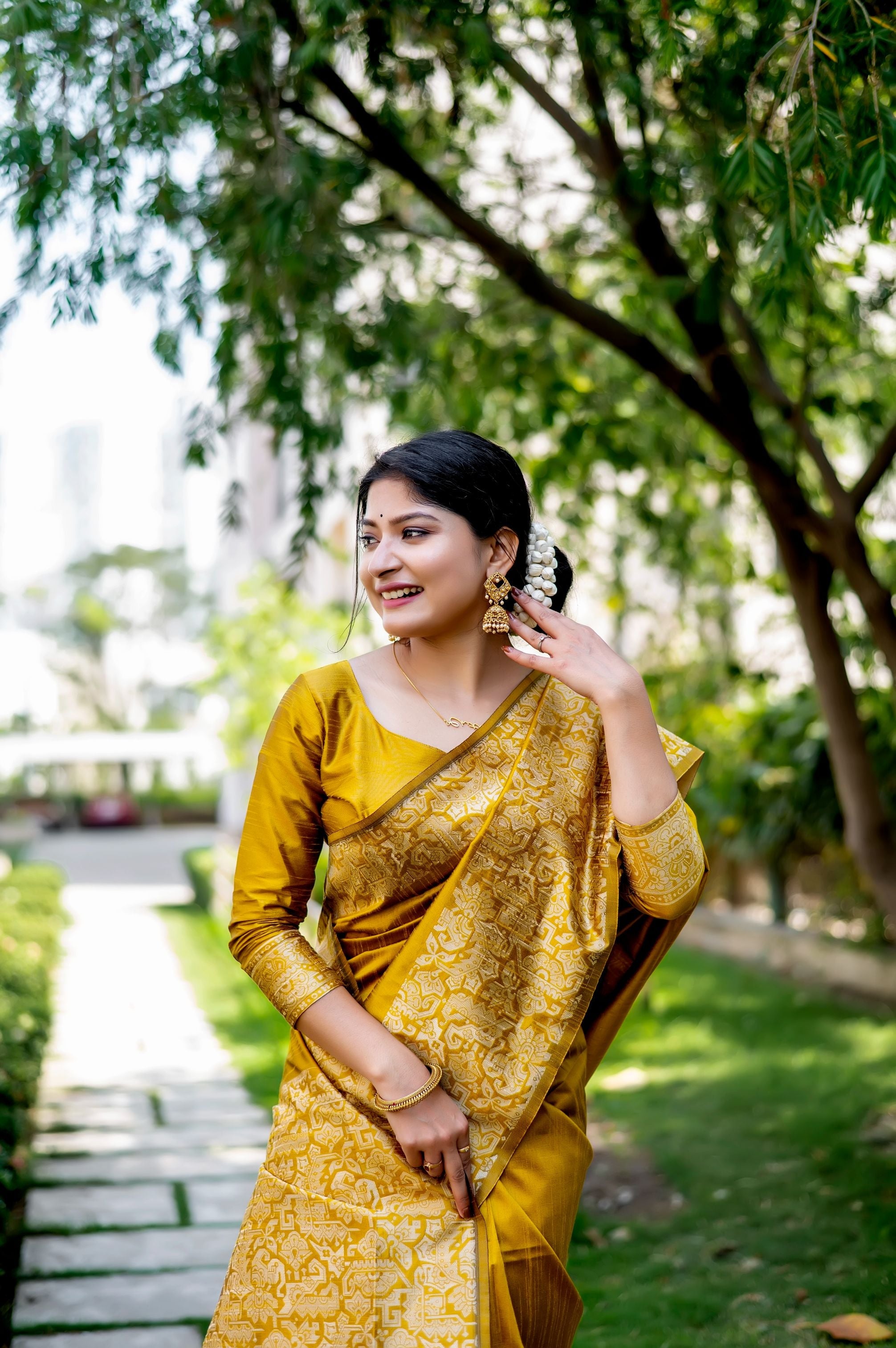 Jyoti Fashion Women's Mustard Handloom Raw Silk Weaving Designer Saree with Blouse