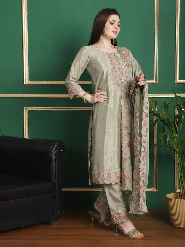 Olive Chinon Chiffon Straight Suit Set with Floral Embroidery