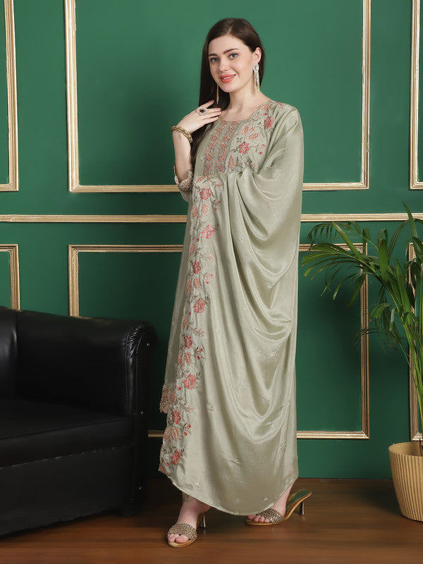 Olive Chinon Chiffon Straight Suit Set with Floral Embroidery