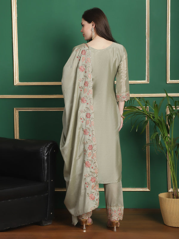 Olive Chinon Chiffon Straight Suit Set with Floral Embroidery