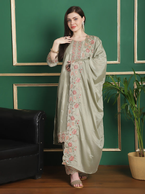 Women's Olive Chinon Chiffon straight suit set with floral embroidery, cording, and crystal work.