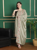 Women's Olive Chinon Chiffon straight suit set with floral embroidery, cording, and crystal work.