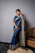 Navy blue handloom raw silk saree with intricate weaving patterns