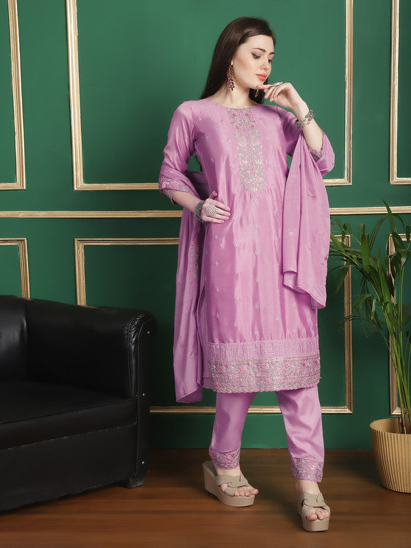 Pink Chinon Chiffon Straight Suit Set with Floral Embroidery