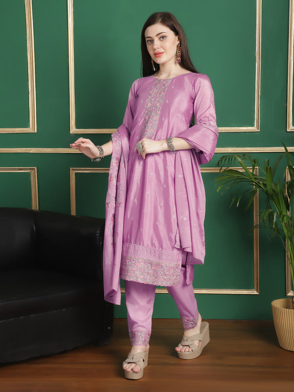 Pink Chinon Chiffon Straight Suit Set with Floral Embroidery