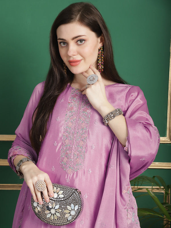 Pink Chinon Chiffon Straight Suit Set with Floral Embroidery
