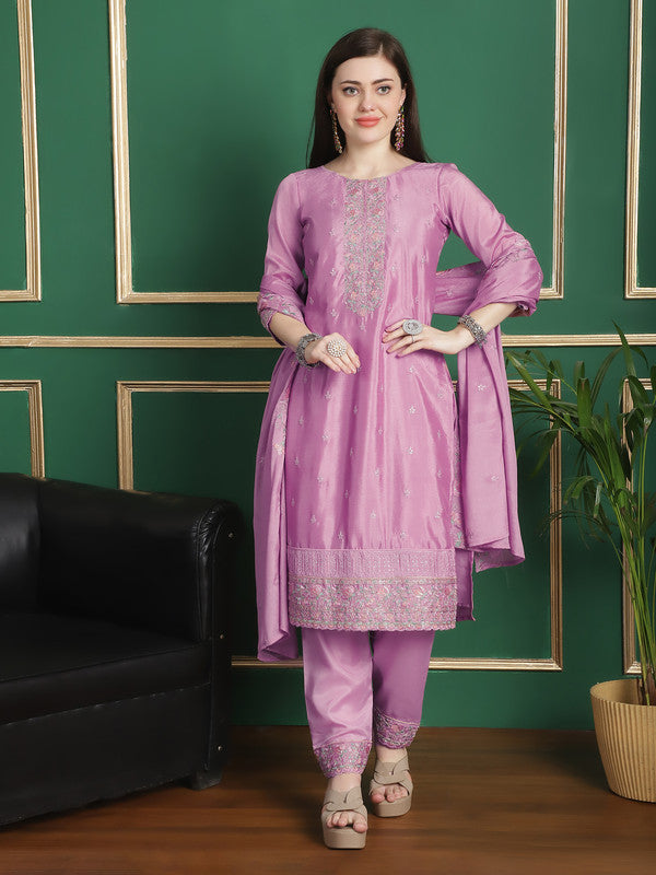Pink Chinon Chiffon straight suit set featuring floral embroidery and crystal work