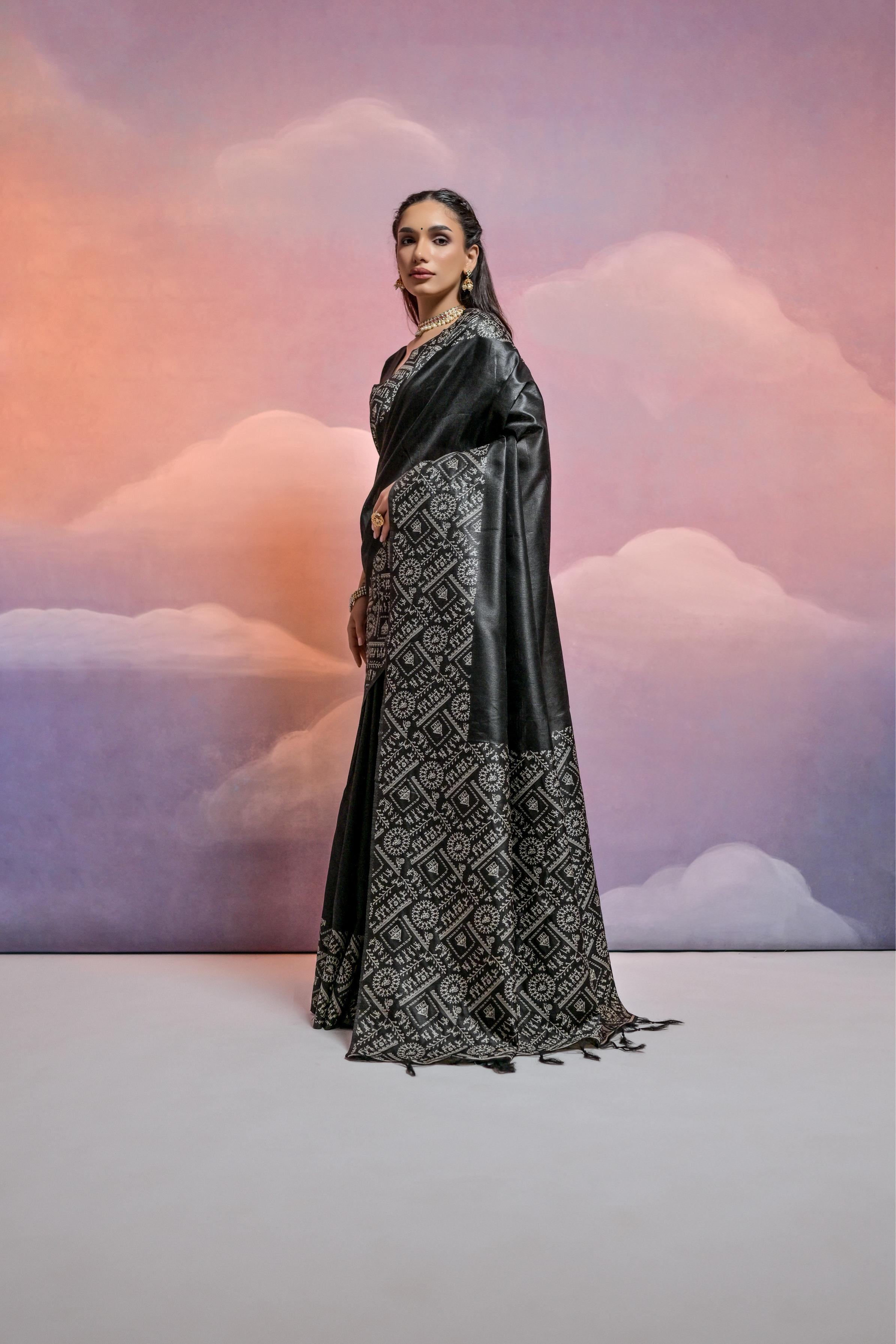 Black Handloom Raw Silk Designer Saree with Weaving Work