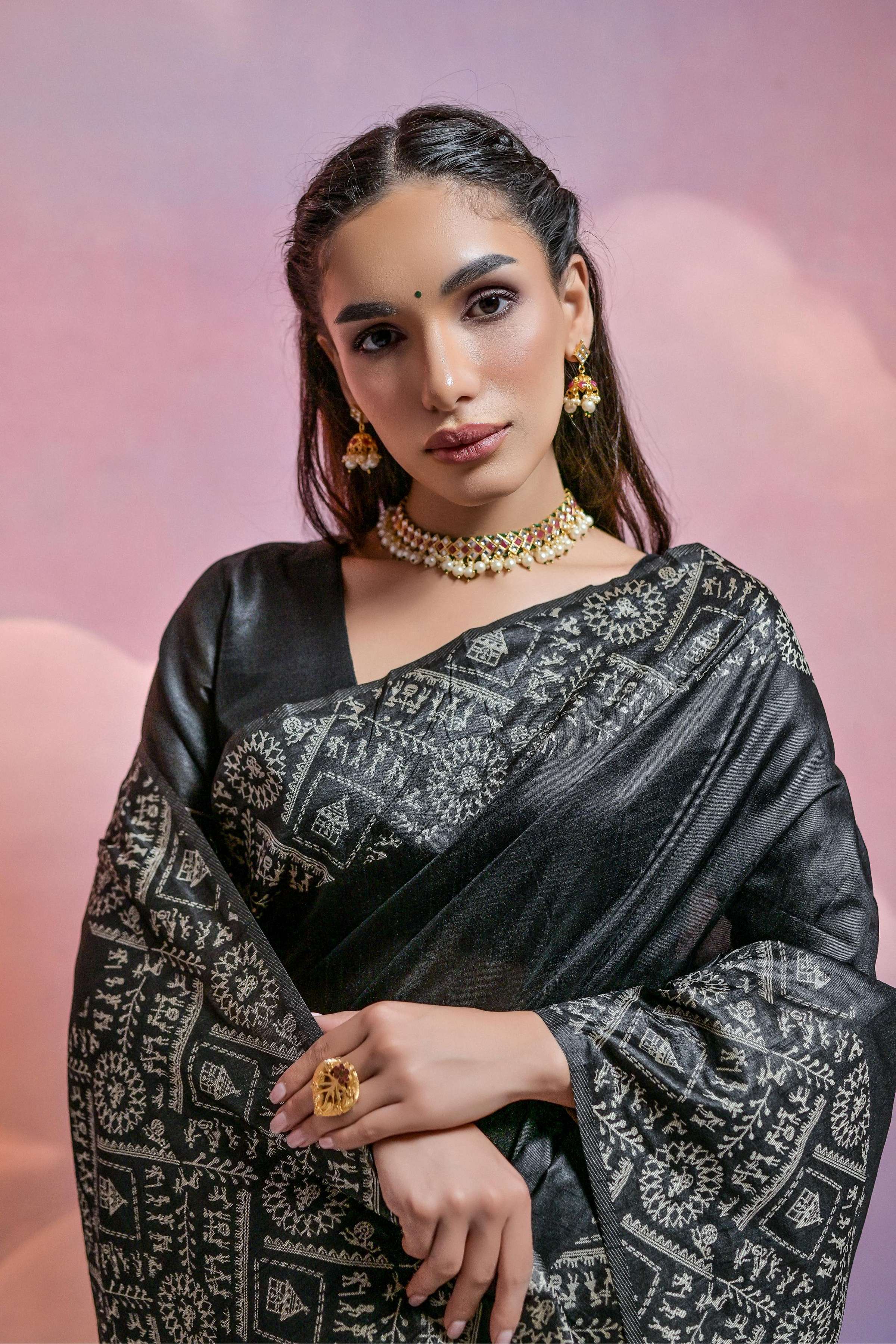 Black Handloom Raw Silk Designer Saree with Weaving Work