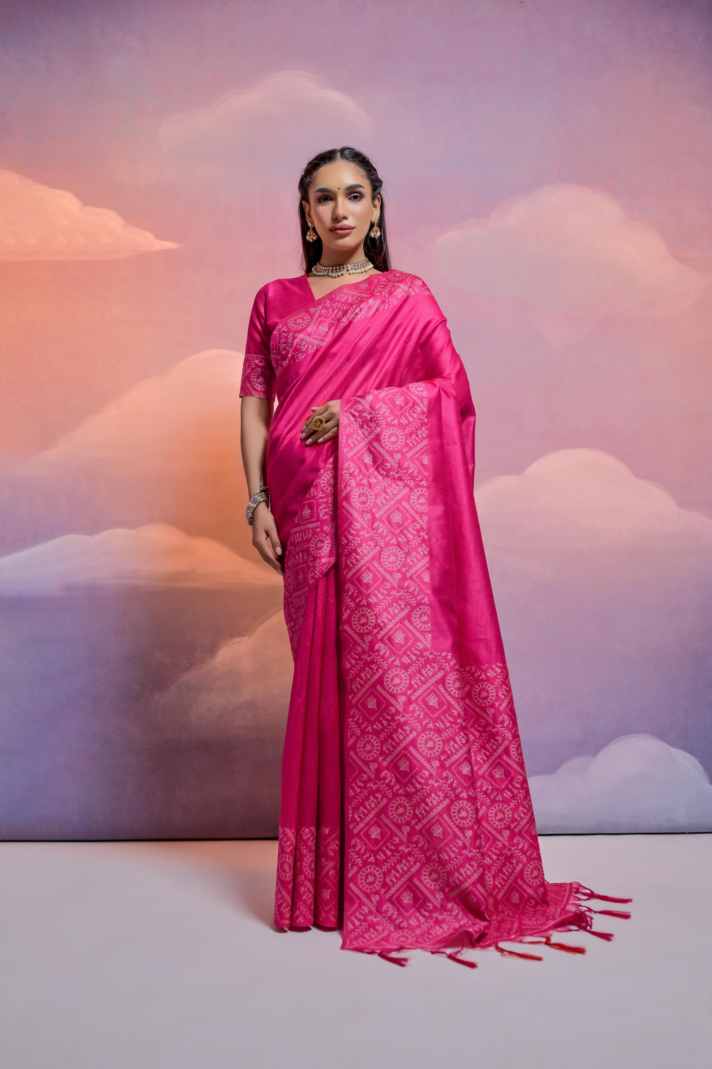Jyoti Fashion Women's Rani Pink Handloom Raw Silk Weaving Designer Saree with Blouse