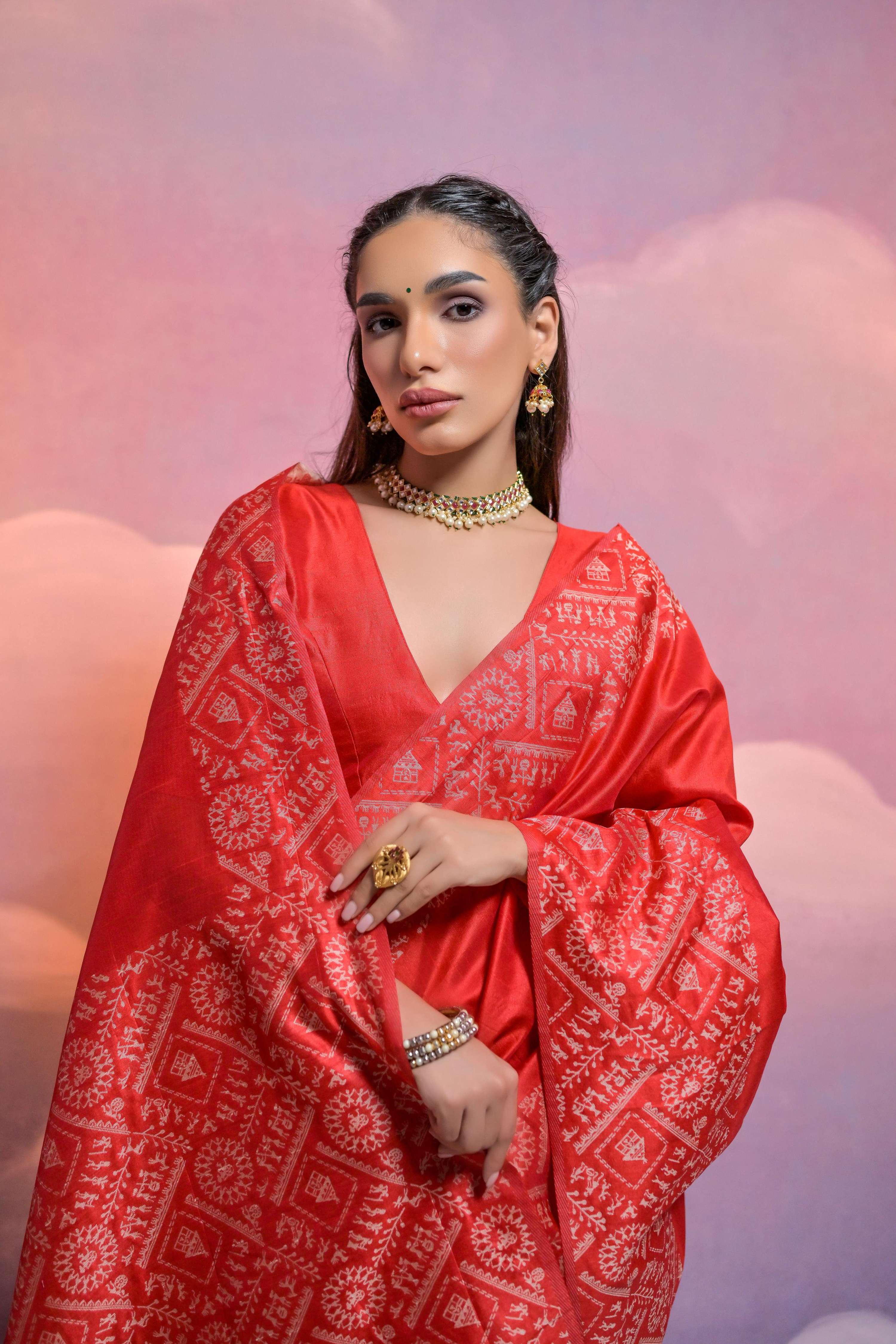 Jyoti Fashion Women's Red Handloom Raw Silk Weaving Designer Saree with Blouse