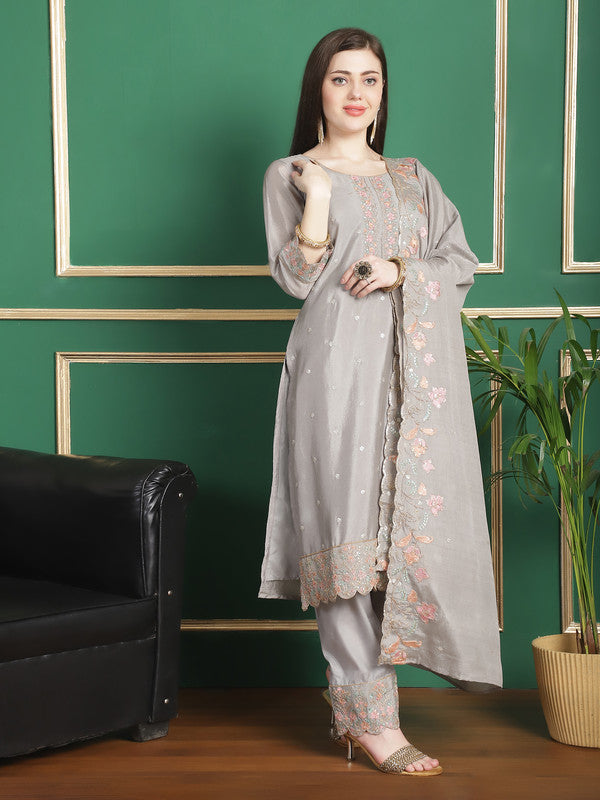 Women's Grey Chinon Chiffon Floral Embroidered Designer Suit Set