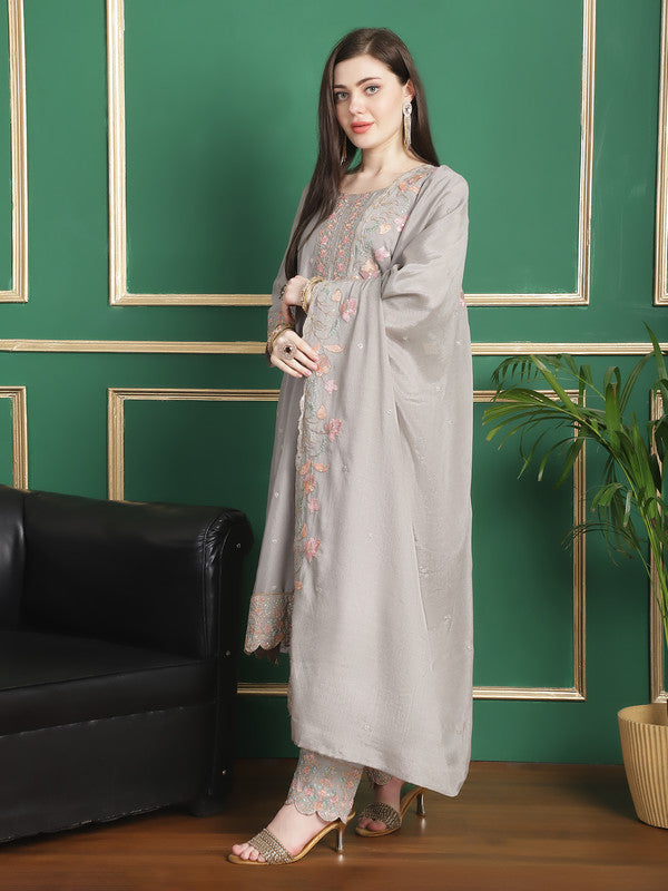Women's Grey Chinon Chiffon Floral Embroidered Designer Suit Set