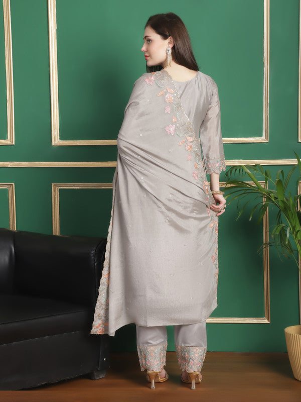 Women's Grey Chinon Chiffon Floral Embroidered Designer Suit Set