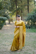 Mustard handloom raw silk saree with detailed weaving pallu and matching blouse piece