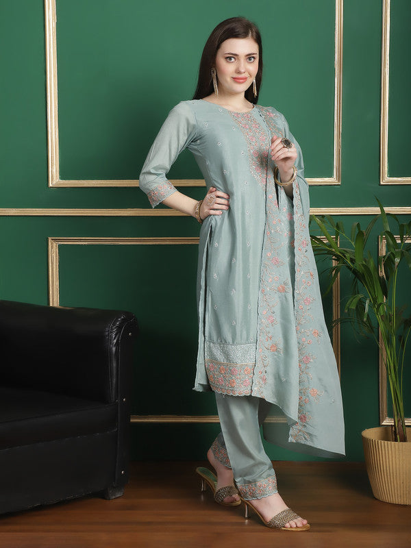 Turquoise Chinon Chiffon Floral Embroidered Straight Suit Set