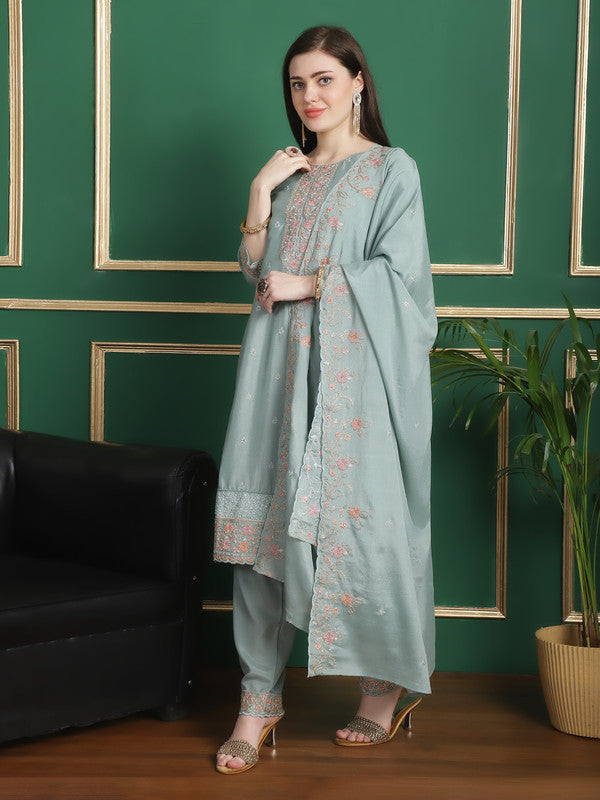 Turquoise Chinon Chiffon Floral Embroidered Straight Suit Set