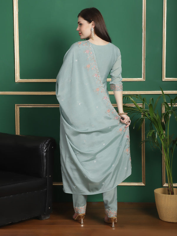 Turquoise Chinon Chiffon Floral Embroidered Straight Suit Set