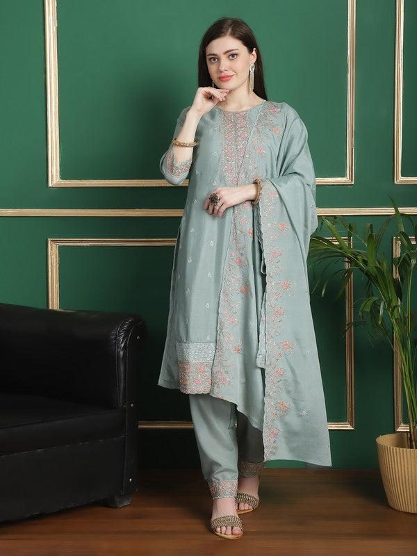 Front view of a turquoise Chinon Chiffon straight suit set with floral embroidery and crystal detailing.