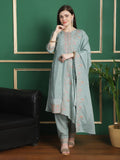 Front view of a turquoise Chinon Chiffon straight suit set with floral embroidery and crystal detailing.