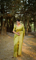 Jyoti Fashion Women's Mehendi Handloom Raw Silk Weaving Designer Saree with Blouse