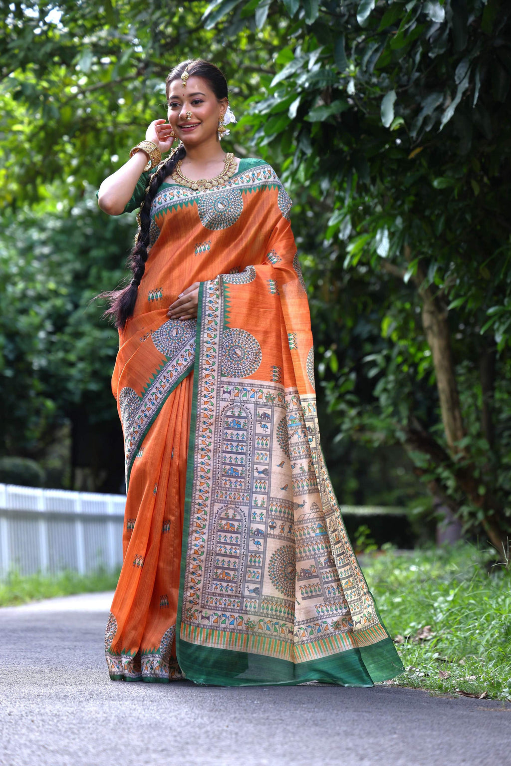 Orange Soft Tussar Silk Madhubani and Warli Printed Saree
